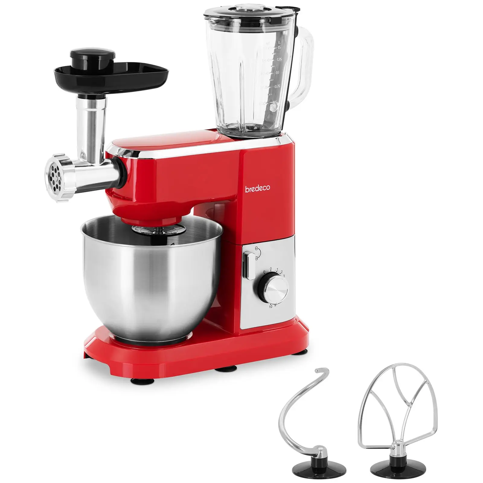 Robot pâtissier multifonction  - Avec mixeur, hachoir à viande et accessoire trancheur - 1,300 W - Rouge