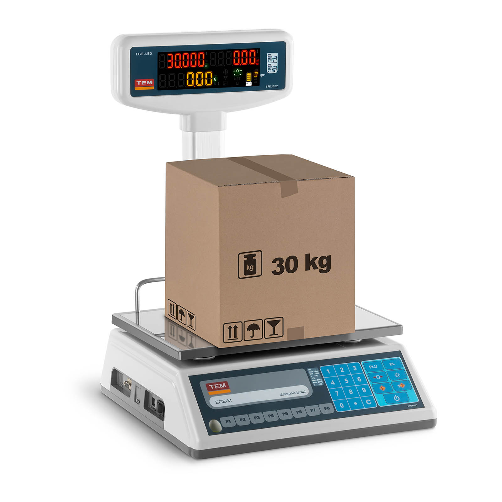 Balance poids-prix avec afficheur LED sur trépied - Calibrage certifié - 15 kg/5 g - 30 kg/10 g